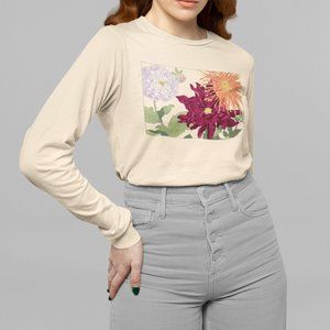 Japanese Dahlia Flowers Ukyio-e Print Long Sleeve Graphic Tee T-shirt S M L XL